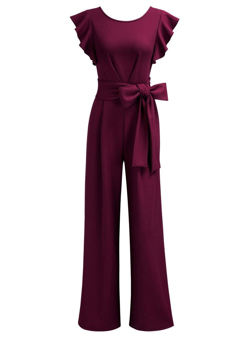 Knitee Women's Vintage Sleeveless Ruffle High Waist Wide Leg Romper Formal Long Jumpsuit with Belt (A-Burgundy, Large) - Image 4